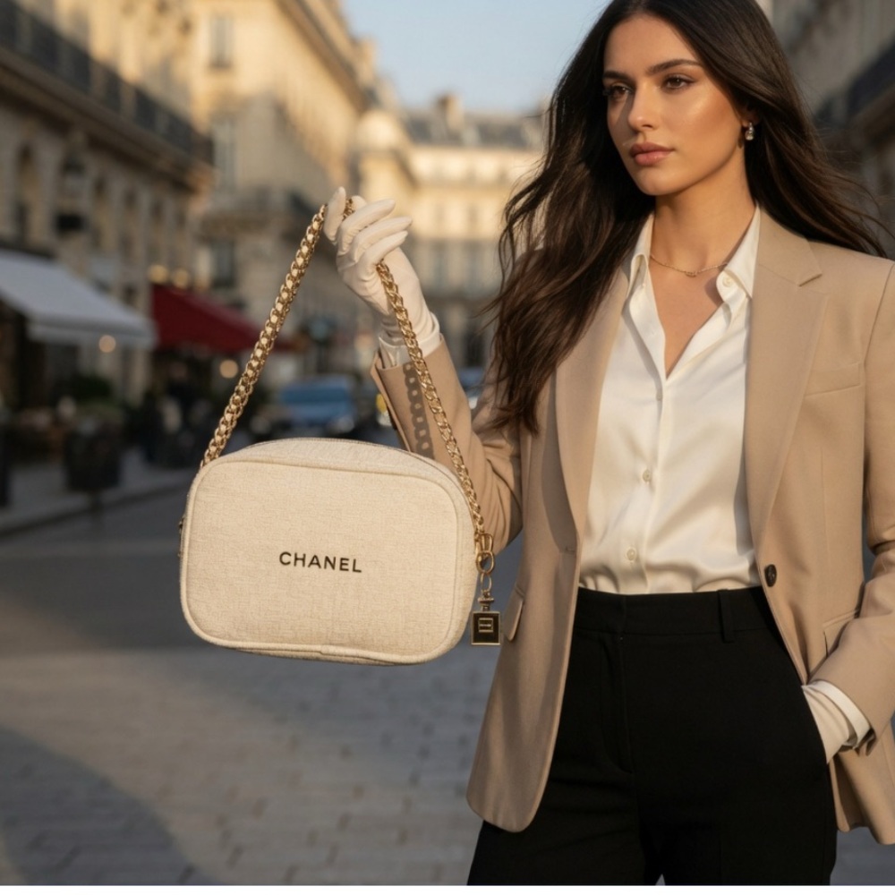 CHANEL Cream Tweed Shoulder Bag with Gold Chain
